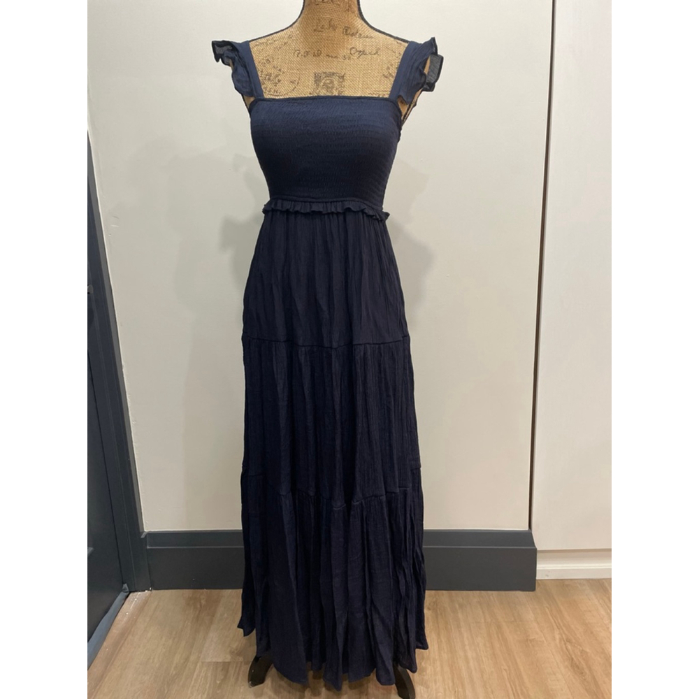 Nanette Lepore Navy Smocked Ruffle Strap Maxi Dress 2 Cottage Preppy Minimalist